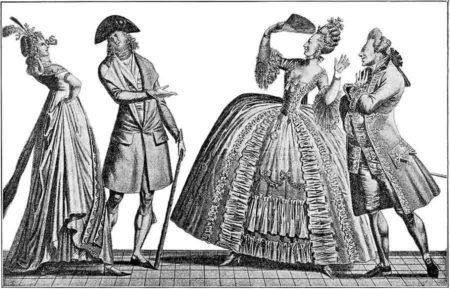 A contrast of fashions: 1778 on the right and 1793 on the left. Illustration by Carle Vernet