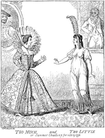 A satirical contrast between old Elizabethan (1556-left) and cutting-edge Directoire (1796-right) clothing styles