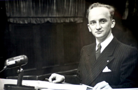 Prosecutor Benjamin Ferencz at the Einsatzgruppen trial in Nuremberg