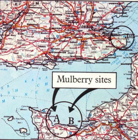 Map of Mulberry A and B locations along the Normandy coast. Richboro (circled upper right) was a site used for an assembly point of Mulberry components.