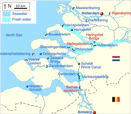 Map reflecting the Delta Works project and the flood control dams built as part of the Delta Works. The Western Scheldt is the entrance to the Scheldt River leading to Antwerp. The river was not dammed in order to allow shipping into and out of Antwerp.