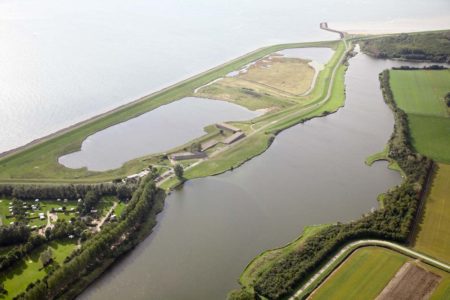 Aerial view of the four caissons used to block the breach in the dike at Ouwerkerk and which now contain the Watersnoodmuseum.