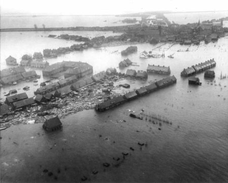 Aerial view of Oude-Tonge on the island of Goeree-Overflakkee and the devastation from the Great Flood of 1953.