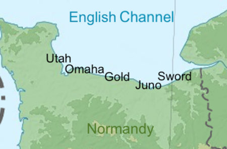 Map of beaches used for the Normandy invasion on 6 June 1944. Mulberry A was located at Omaha beach while Mulberry B was located at Gold beach.