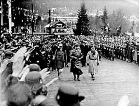 Hitler inspecting troops in Garmisch during the 1936 Winter Olympics.