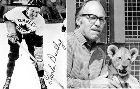 Gordon Dailley playing hockey (left) and later in life as the founder of the African Lion Safari in Cambridge, Ontario, Canada.