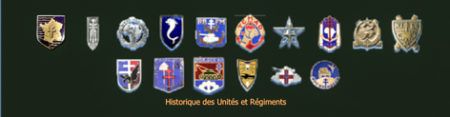 Insignias of historical units within the 2e DB. Bottom row, far right is the “Des Rochambeau” insignia.