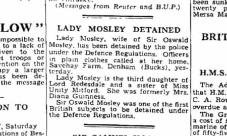 Newspaper story regarding Diana (Mitford) Mosley’s detention under the British Defense Regulations.