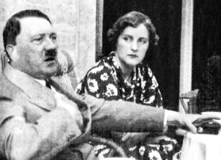 Unity Mitford and Adolf Hitler in Bayreuth, Germany about one year after meeting. Photo by anonymous (c. 1936). TheDailyMail.co.uk. PD-Author release.