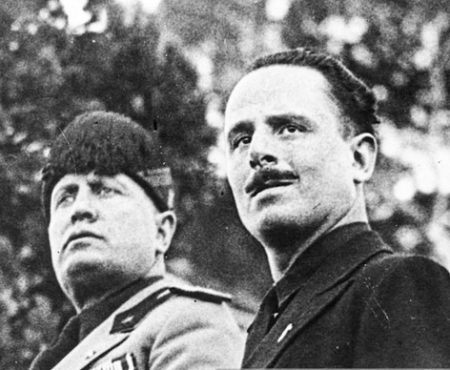 Mussolini and Oswald Mosley (right). Photo by anonymous/Docxv (c. 1930s). PD-CCA Share Alike 4.0 International. Wikimedia Commons.