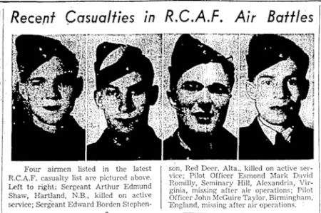 Newspaper article on four RCAF airmen on the latest casualty list. Pilot Officer Esmond Romilly is second from the right. Jessica’s husband was twenty-three when he was killed.