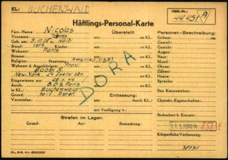KZ Buchenwald inmate personnel card for Johnny Nicolas. Notice the triangle in the upper right corner with “A” for American.