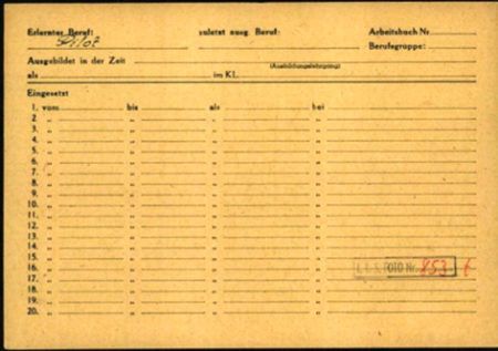 Backside of Johnny Nicolas inmate personnel card. Notice the Germans listed his “Learned Profession” as Pilot.