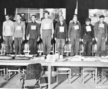 Sixteen of the nineteen defendants on trial for war crimes committed at Dora-Mittelbau concentration camp.