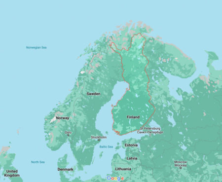 Map of Finland (red border). Neighboring countries are Norway, Sweden, and Soviet Union/Russia. Photo by Google Maps (date unknown).