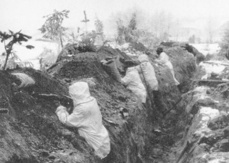 Finnish trenches on the Mannerheim Line during the Winter War.