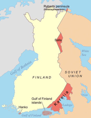 Dark red areas represent those territories ceded by Finland under the terms of the Moscow Peace Treaty. Map by Jniemenmaa (10 September 2005). PD-GNU Free Documentation License, Version 1.2 or later. Wikimedia Commons.
