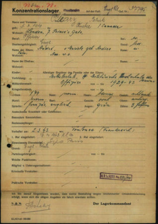 Prisoner registration form of Patrick O’Leary (Albert Guérisse) at KZ Mauthausen. The red letters in the upper left corner designates O’Leary as a “Nacht und Nebel” prisoner.