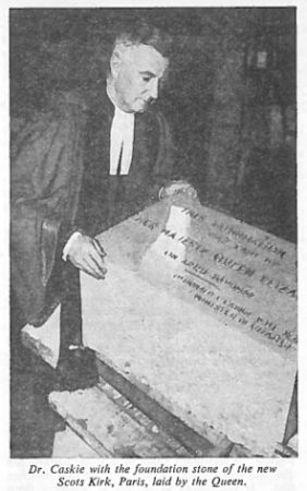 Dr. Caskie with the foundation stone of the new Scots Kirk, Paris, laid by Queen Elizabeth II.