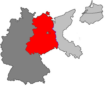 Soviet sector (1945-1949) is in red. Berlin is outlined by dotted line with West Berlin in gray. Pre-war borders are reflected by the map. Map by anonymous (date unknown). PD-Author release. Wikimedia Commons.