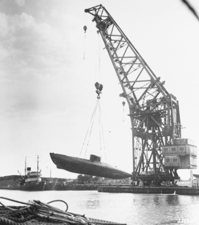 German Type XVIIB submarine at Bremerhaven. These were small, fast submarines powered by Walter turbines. Photo by Pvt. W. Gedge (11 August 1945). PD-U.S. Government. Wikimedia Commons.
