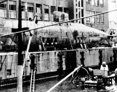 U-boat 1406, Type XVIIB – partially dismantled after the war. Photo by anonymous (date unknown). PD-U.S. Government. Wikimedia Commons.