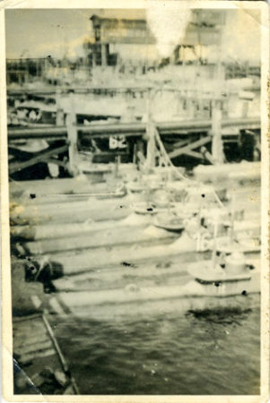 Midget subs in the Baltic, presumably in Bremerhaven Harbor. These subs were captured by Patrick Dalzel-Job, a member of 30AU. Photo by anonymous (c. April 1945). Private collection. Courtesy of Guy Allan Farrin. “30 [Commando] Assault Unit” (www.30au.co.uk).