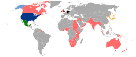 United States color-coded war plans. Black: Germany; Red: British Empire; Orange: Empire of Japan; Gold: France and its colonies; Crimson: Canada; Ruby: India; Scarlet: Australia; and Garnet: New Zealand. Illustration by Niklem (c. May 2013). PD-GNU Free Documentation License. Wikimedia Commons.