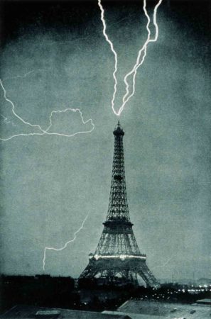 Lightning striking the Eiffel Tower. Photo by M.G. Loppé (3 June 1909). PD-Author’s life plus 70 years or less. http://www.photolib.noaa.gov/htmls/wea00602.htm. Wikimedia Commons.