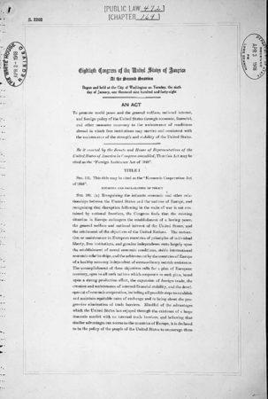 The first page of the Marshall Plan. Photo by anonymous (date unknown). PD-U.S. government. Wikimedia Commons.