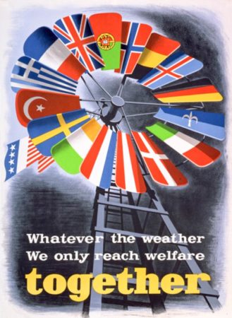 Poster created by the Economic Cooperation Administration to promote the Marshall Plan in Europe. Illustration by E. Spreckmeester (c. 1950). PD-U.S. government. Wikimedia Commons.