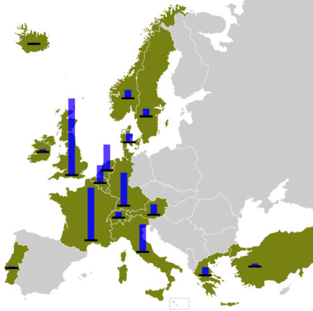 Map of Cold War era Europe showing countries that received Marshall Plan funds. Derivative work by Miraceti (c. 2009). PD-CCA-Share Alike 3.0 Unported. Wikimedia Commons.