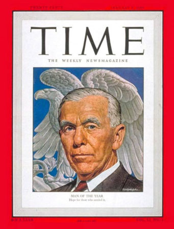 Gen. George C. Marshall, Time Magazine Man of the Year, 1948. Cover by Ernest Hamlin Baker (c. January 1948). Time Magazine, 5 January 1948.