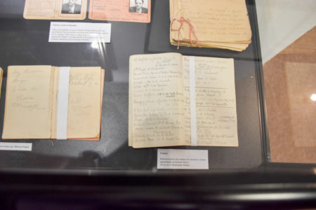 A notebook belonging to Marcel Petiot. It was seized by Police Commissioner Massu. Photo by Sandy Ross (c. September 2022). Paris Police Museum.