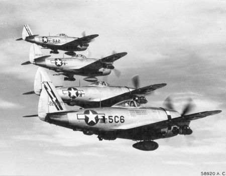 P-47s of the 345th Fighter Squadron, 350th Fighter Group, 12th Air Force. Photo by anonymous (c. 1944). United States Army Air Forces. PD-U.S. government. Wikimedia Commons.