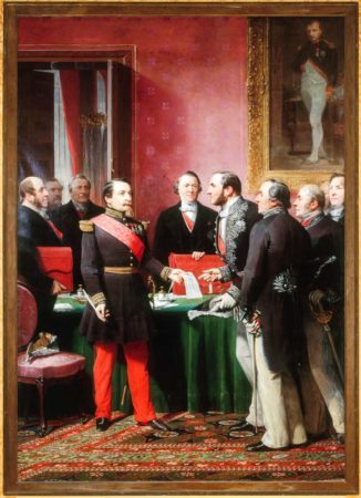Napoléon III handing over to Baron Haussmann the decree to annex neighboring Paris communes. Painting by Adolphe Yvon (c. 1865). Musée Carnavalet. PD-Author’s life plus 100 years or fewer. Wikimedia Commons.