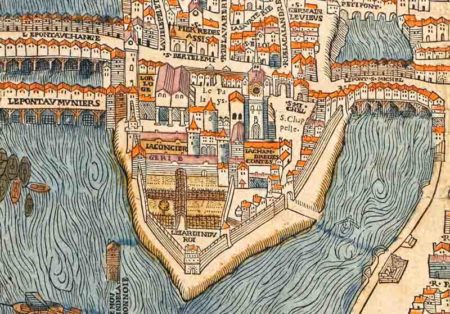 Map of the western tip of the Île de la Cité. Notice the building congestion. Thirty years later, Baron Haussmann would demolish most of these buildings and create the Place Dauphine. Map by Truschet and Hoyau (c. 1550). PD-Author’s life plus 100 years or fewer. Wikimedia Commons.
