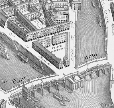 Place Dauphine on the illustrated Turgot map of Paris. Map by Louis Bretez, cartographer and Claude Lucas, engraver. (c.1739). PD-Author’s life plus 100 years or fewer. Wikimedia Commons.