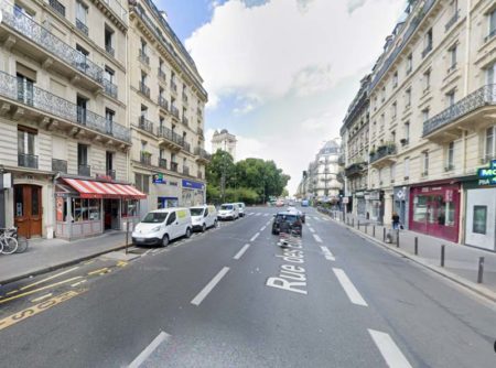 Contemporary view of Rue des Ecoles toward Rue Monge from the east. On the left is the former square Monge (now known as square Paul-Langevin). Photo by Google Maps (date unknown).