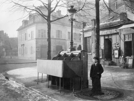 A cast iron and slate urinal with three stalls on Avenue du Maine, Paris. Photo by Charles Marville (c. 1865). State Library Victoria. Author’s life plus 100 years or fewer. Wikimedia Commons. (Refer to blog, "Please Don’t Pissoir in Public".)