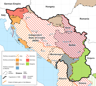 Map of the Axis occupation of Yugoslavia including Croatia. Map by Amitchell125 (15 April 2021). PD-CCA-Share Alike 4.0 International. Wikimedia Commons.