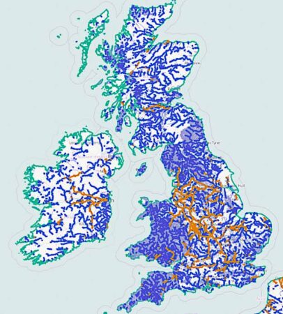 Map showing the canals of the United Kingdom and Ireland. Canals are colored orange, rivers in blue, and streams in gray. Map by PeterEastern using OpenStreetMap (c. July 2011). PD-CCA-Share Alike 3.0. Wikimedia Commons.