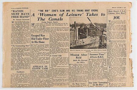 Article detailing Miss Gayford’s role as chief instructor of training of women canal boat crews for the Grand Union Canal Carrying Company. Photo by anonymous (c. March 1944). Evening Standard, March 1944. https://canalrivertrust.org.uk