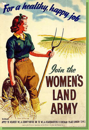 British Women’s Land Army recruitment poster. Poster illustration by anonymous (c. 1940). PD-Expired copyright. Wikimedia Commons.