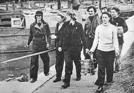 Some of the “Idle Women” arriving at a canal dock. Photo by anonymous (c. April 1944). “Far From Idle: The Women Canal Workers of the Second World War” (author: Rose Staveley-Wadham), The British Newspaper Archive, 4 February 2021. Originally published by The Sphere, 15 April 1944. https://blog.britishnewspaperarchive.co.uk.