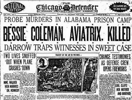 The Chicago Defender headline and article announcing Bessie Coleman’s death. Photo by anonymous (1 May 1926). Pioneers of Aviation. https://av8rblog.wordpress.com