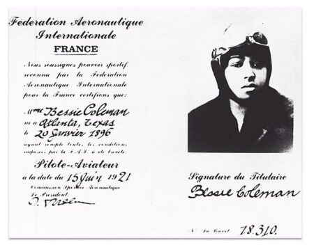 Bessie Colman’s 1921 pilots license issued by the Fédération Aéronautique Internationale. Photo by anonymous (c. 1921). Smithsonian National Air and Space Museum. PD-CCA-Ineligible for copyright. Wikimedia Commons.