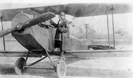 Bessie Colman and her plane. Photo by anonymous (c. 1922). UCLA Library Digital Collections. Miriam Matthews Photograph Collection. PD-Published before 1 January 1929. Wikimedia Commons.