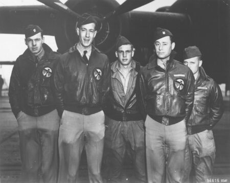 Crew No. 16 (Plane #16; 40-2268, target Nagoya). Left to right: Lt. George Barr, navigator; Lt. William Farrow, pilot; Sgt. Harold Spatz, engineer/gunner; Lt. Robert Hite, copilot; Cpl. Jacob DeShazer, bombardier. Photo by anonymous (18 April 1942). PD-U.S. Government. Wikimedia Commons