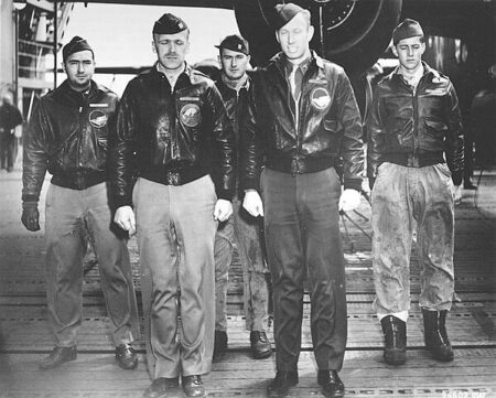 Crew No. 8 (Plane #8; 40-2242; target Tokyo). Left to right: SSgt. Theodore Laban, flight engineer; Capt. Edward York, pilot; Lt. Nolan Herndon, navigator/bombardier; Lt. Robert Emmens; Sgt. David Pohl, engineer/gunner.